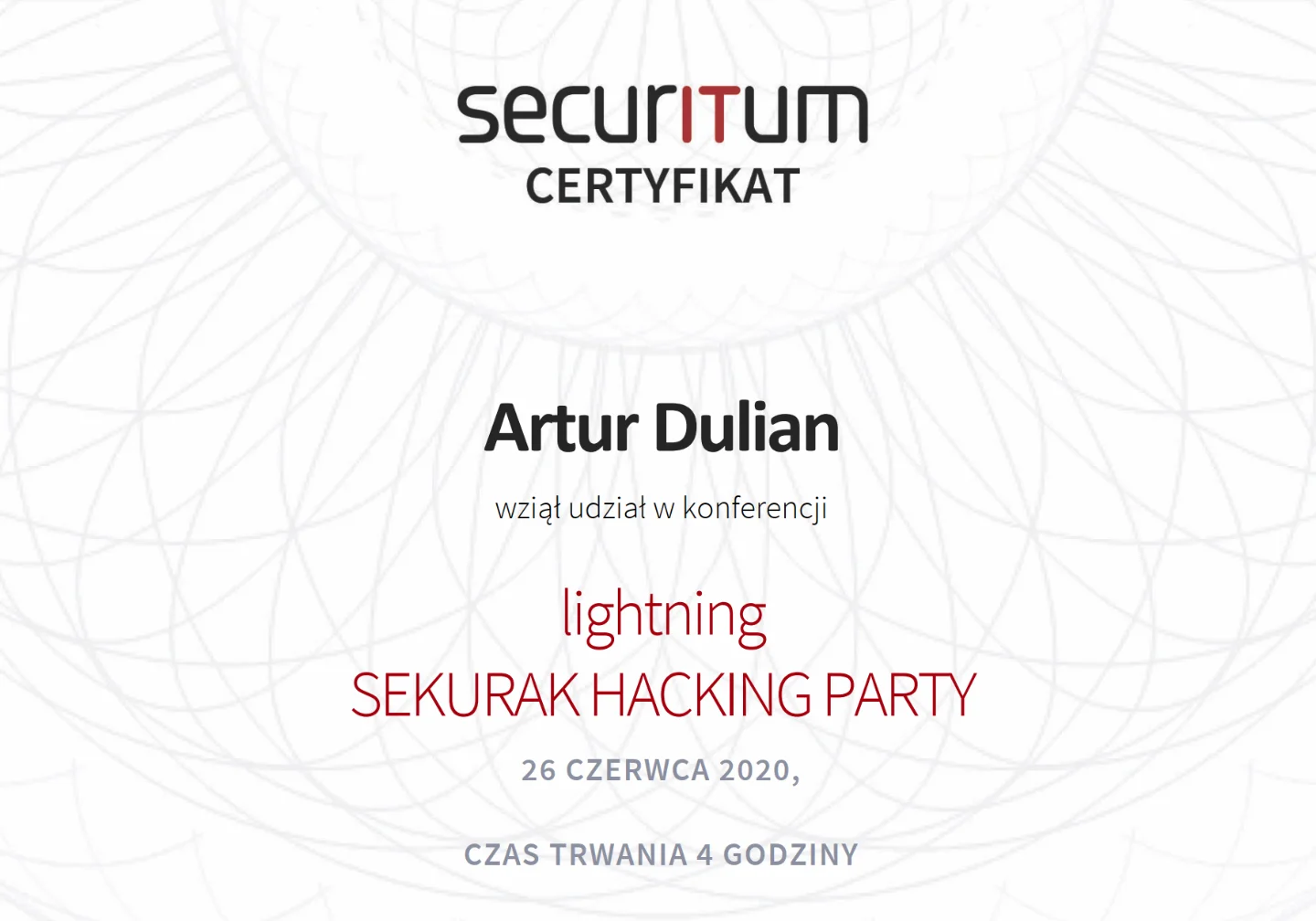 Certyfikat Szkolenia Sekurak Hacking Party