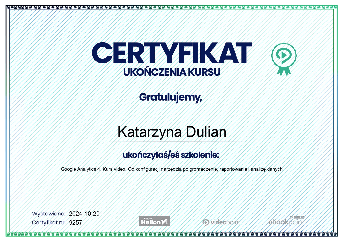 Certyfikat ukończenia kursu Google Analytics